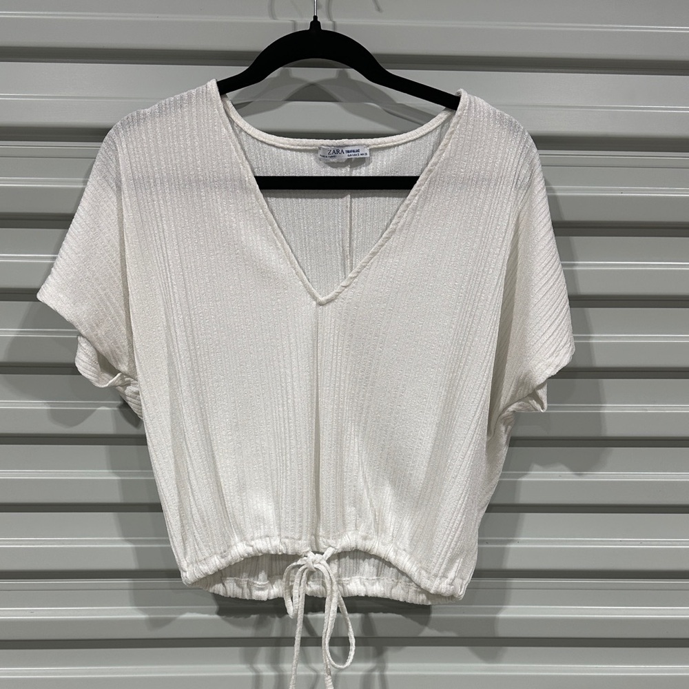 Zara Cream V-Neck Textured Drawstring Crop Top
